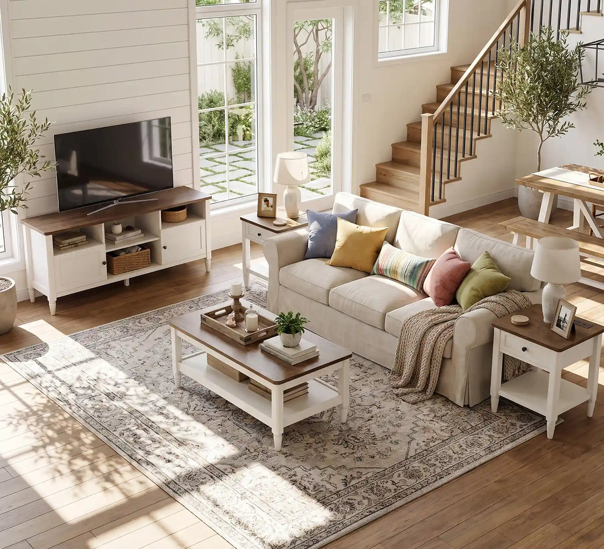 4 Piece Farmhouse Living Room Furniture Set, 55" TV Stand for TVs Up to 65", 40" Coffee Table & 2 Narrow Side Tables with Charging Stations, Living Room Table Set