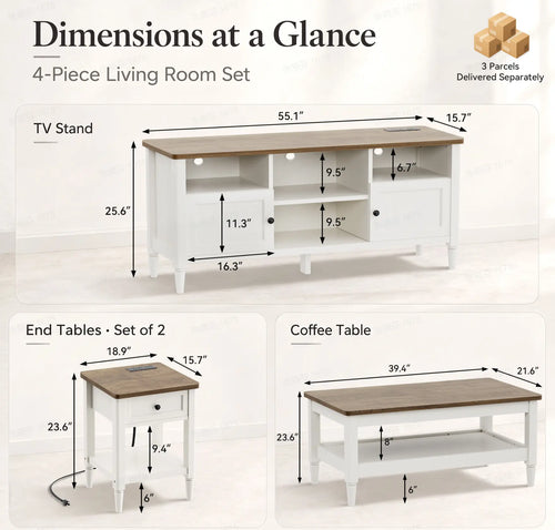 4 Piece Farmhouse Living Room Furniture Set, 55" TV Stand for TVs Up to 65", 40" Coffee Table & 2 Narrow Side Tables with Charging Stations, Living Room Table Set