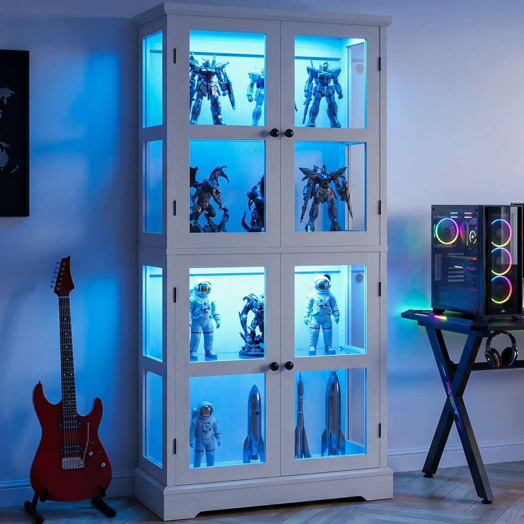 68" Tall Glass Display Cabinet with Doors, RGB Lights | 4-Tier Shelves, Sturdy Curio Cabinet with Adjustable Shelves Display Case for Collectibles, Figures, Books
