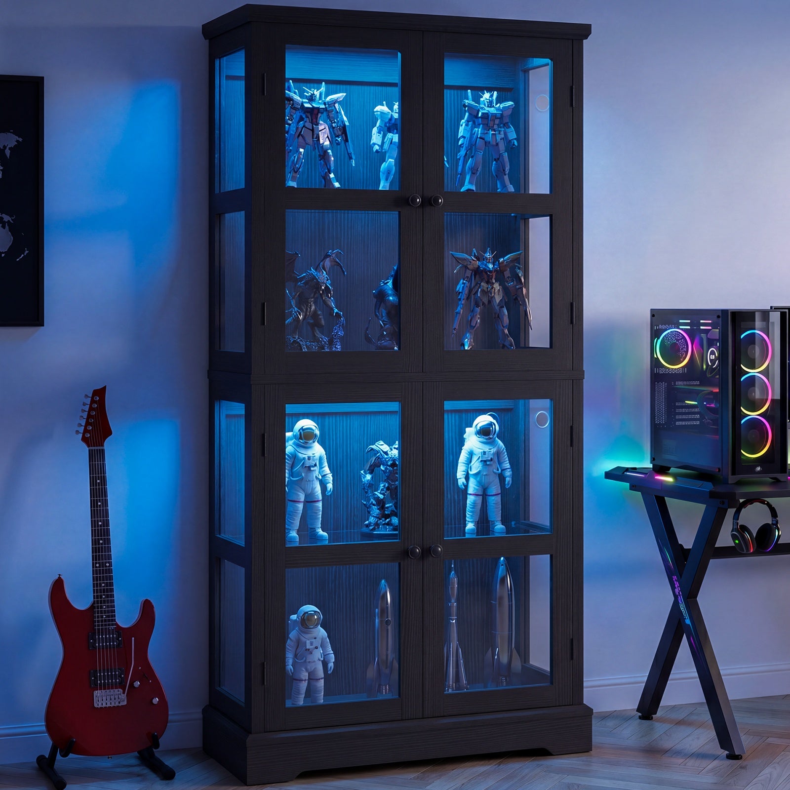 68" Tall Glass Display Cabinet with Doors, RGB Lights | 4-Tier Shelves, Sturdy Curio Cabinet with Adjustable Shelves Display Case for Collectibles, Figures, Books