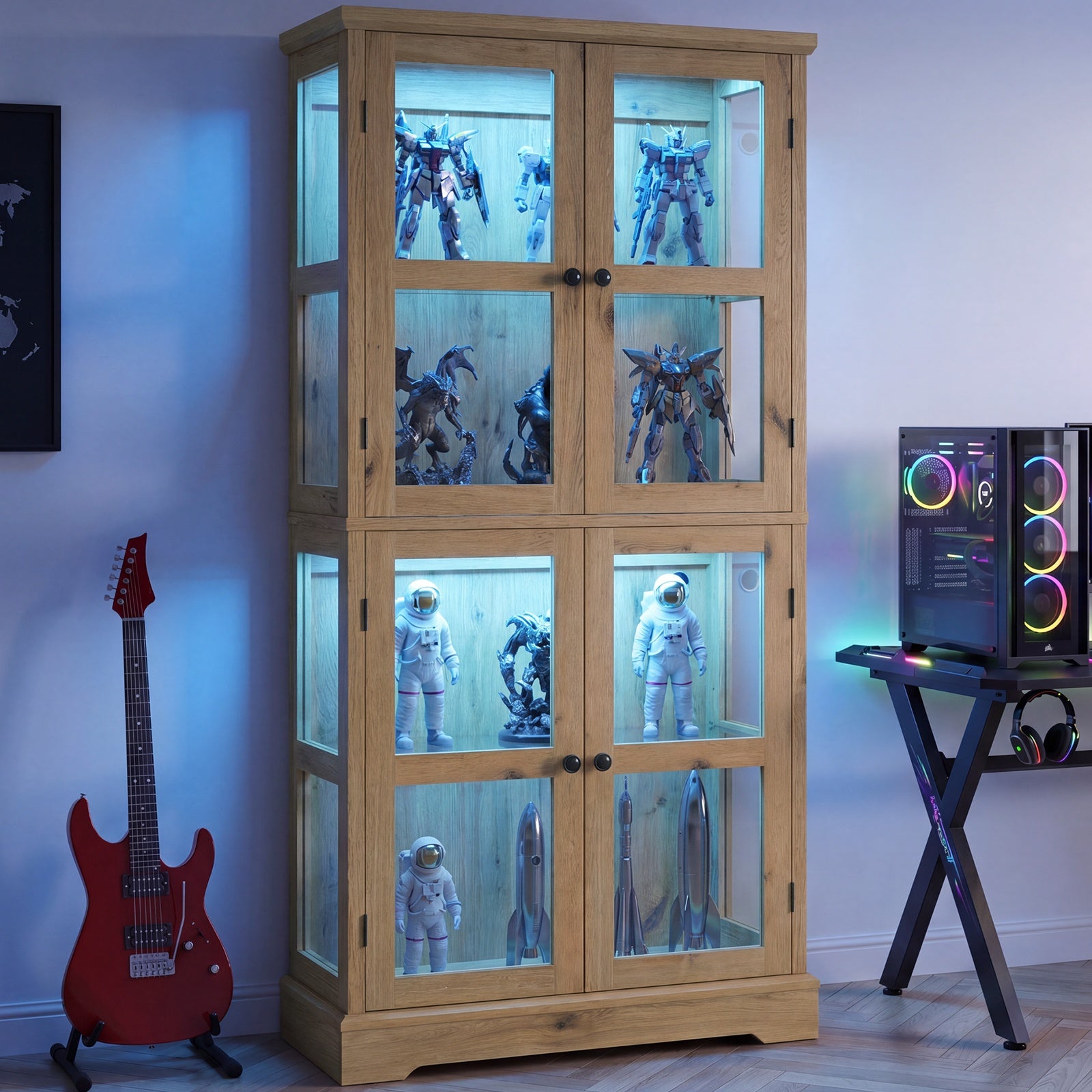 68" Tall Glass Display Cabinet with Doors, RGB Lights | 4-Tier Shelves, Sturdy Curio Cabinet with Adjustable Shelves Display Case for Collectibles, Figures, Books
