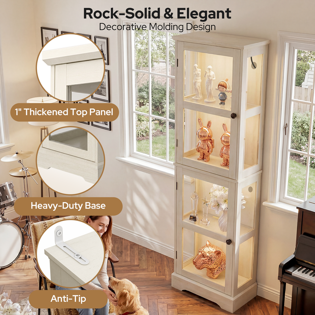 68.31" Tall 4-Tier Glass Display Cabinet with RGB LED Lights, Narrow Tall Curio Cabinet with Reversible Glass Door & Adjustable Shelves, Wood Display Case for Collectibles Living Room