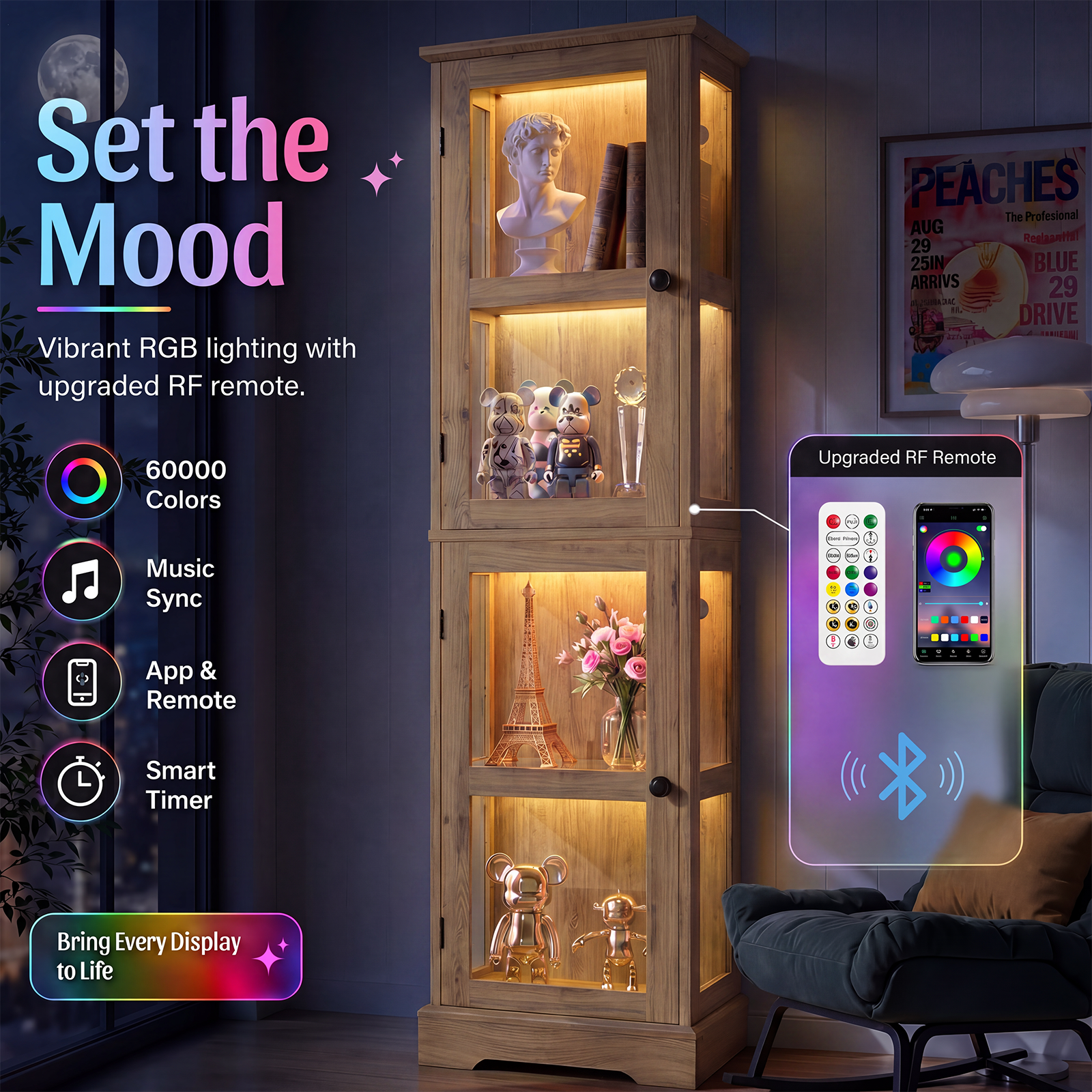 68" Glass Display Cabinet with RGB LED Lights, Narrow Tall Curio Cabinet with Reversible Glass Door