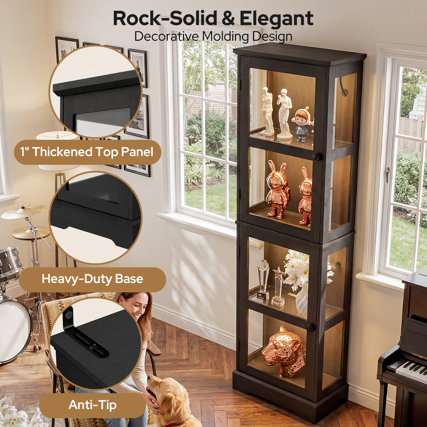 68" Glass Display Cabinet with RGB LED Lights, Narrow Tall Curio Cabinet with Reversible Glass Door