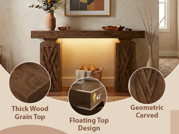 63-Inch Console Table with RGB LED Lights & Charging Station | Farmhouse Entryway Table with Geometric Base, Solid Wood-Grain Sofa Table Behind Couch, Accent Table for Hallway, Cracked Oak