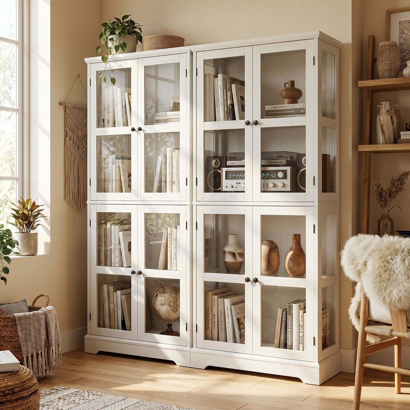 68"LED Bookcase with Glass Doors,Glass Door Bookcase Display Cabinet,Rustic White Bookshelf with Storage Shelves for Books,Collectibles, Decor,Curio Display Bookcase for Living Room,Anti-Tip Furniture