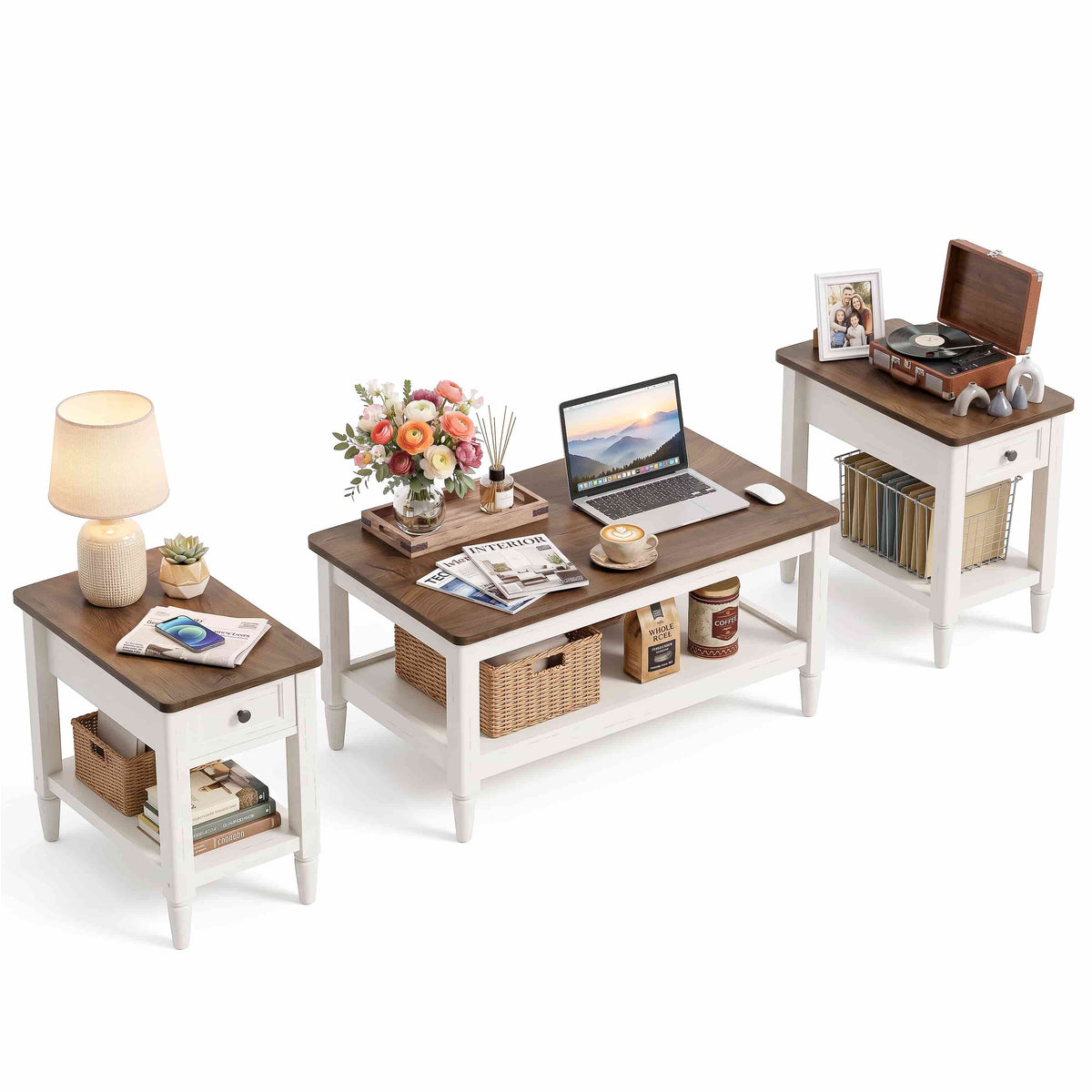 Farmhouse Coffee Table and End Table Set of 3, 40" Coffee Table with Storage & 2 End Tables with Charging Station, Living Room Table Set