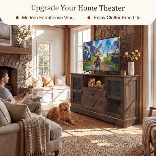 55 Inch TV Stand for TVs up to 60", Entertainment Center with 2 Large Storage Drawers & RGB Lights, Wood Media Console Table with Hidden Power Outlets and Tempered Glass Doors, Cracked Oak