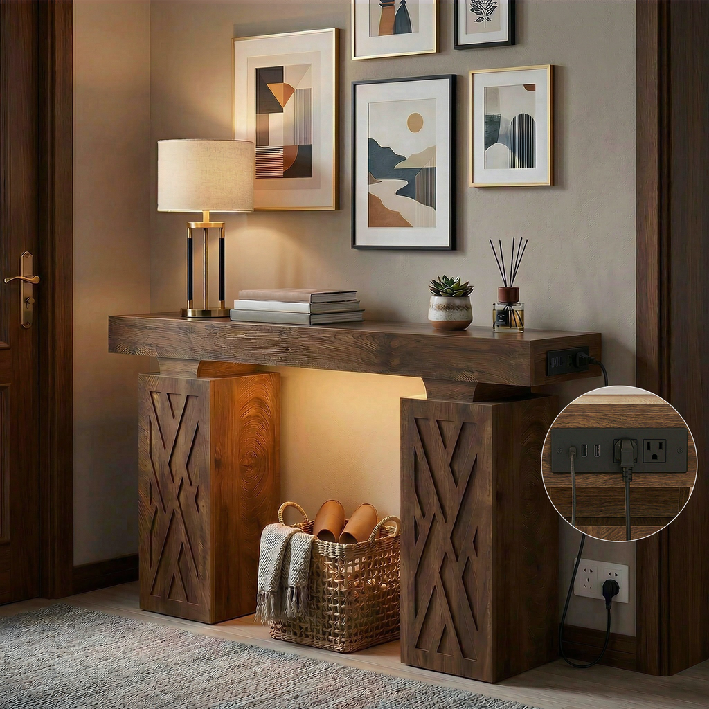 63-Inch Console Table with RGB LED Lights & Charging Station | Farmhouse Entryway Table with Geometric Base, Solid Wood-Grain Sofa Table Behind Couch, Accent Table for Hallway, Cracked Oak