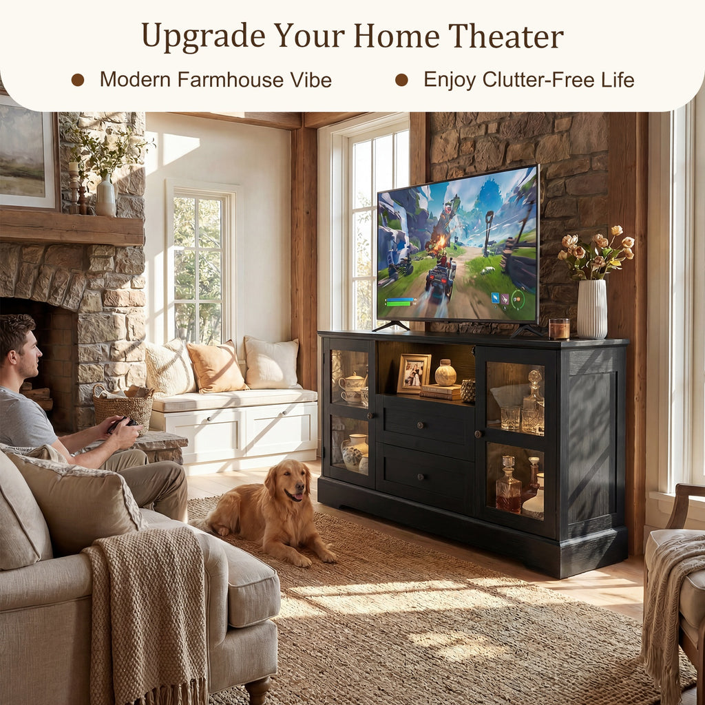 55 Inch TV Stand for TVs up to 60", Entertainment Center with 2 Large Storage Drawers & RGB Lights, Wood Media Console Table with Hidden Power Outlets and Tempered Glass Doors,Black