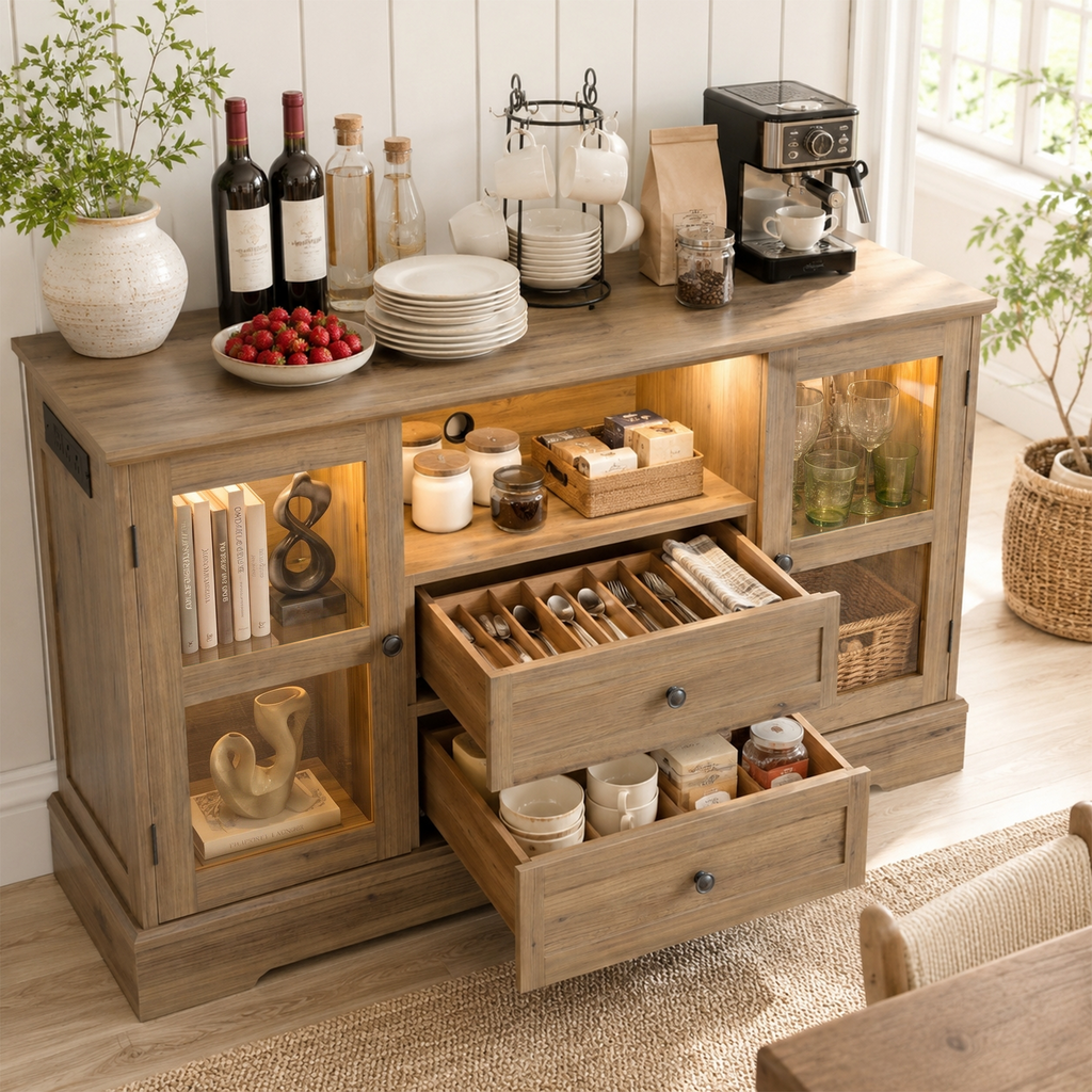 55 Inch Buffet Cabinet with Power Outlets, Coffee Bar with 2 Drawers, RGB LED Lights, Tempered Glass Doors & Adjustable Shelves, Modern Farmhouse Sideboard Storage Cabinet