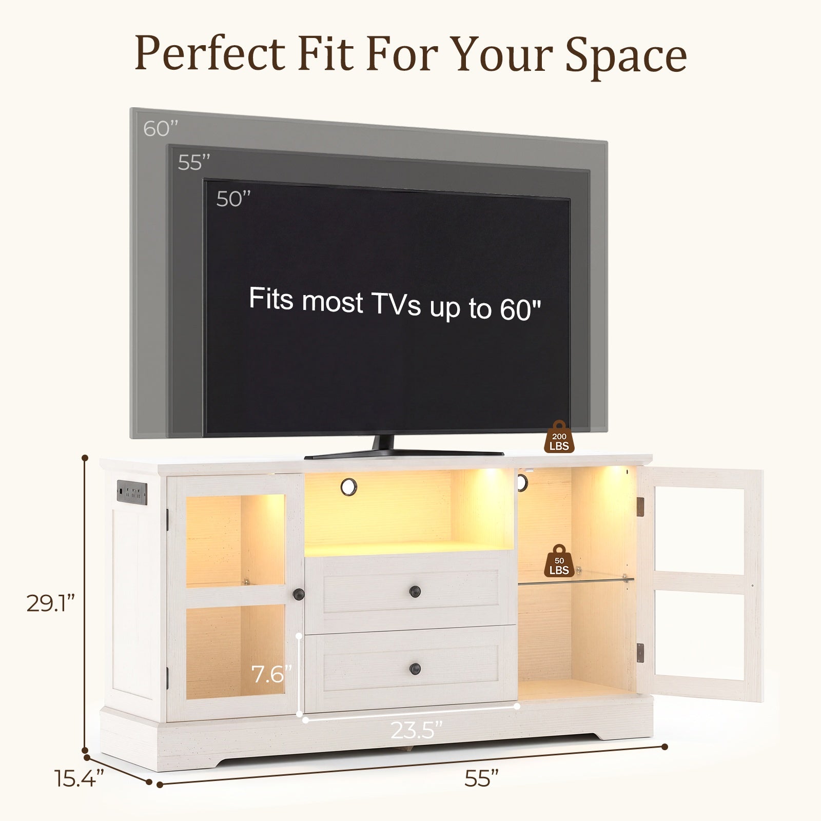55 Inch TV Stand for TVs up to 60", Entertainment Center with 2 Large Storage Drawers & RGB Lights, Wood Media Console Table with Hidden Power Outlets and Tempered Glass Doors,Black