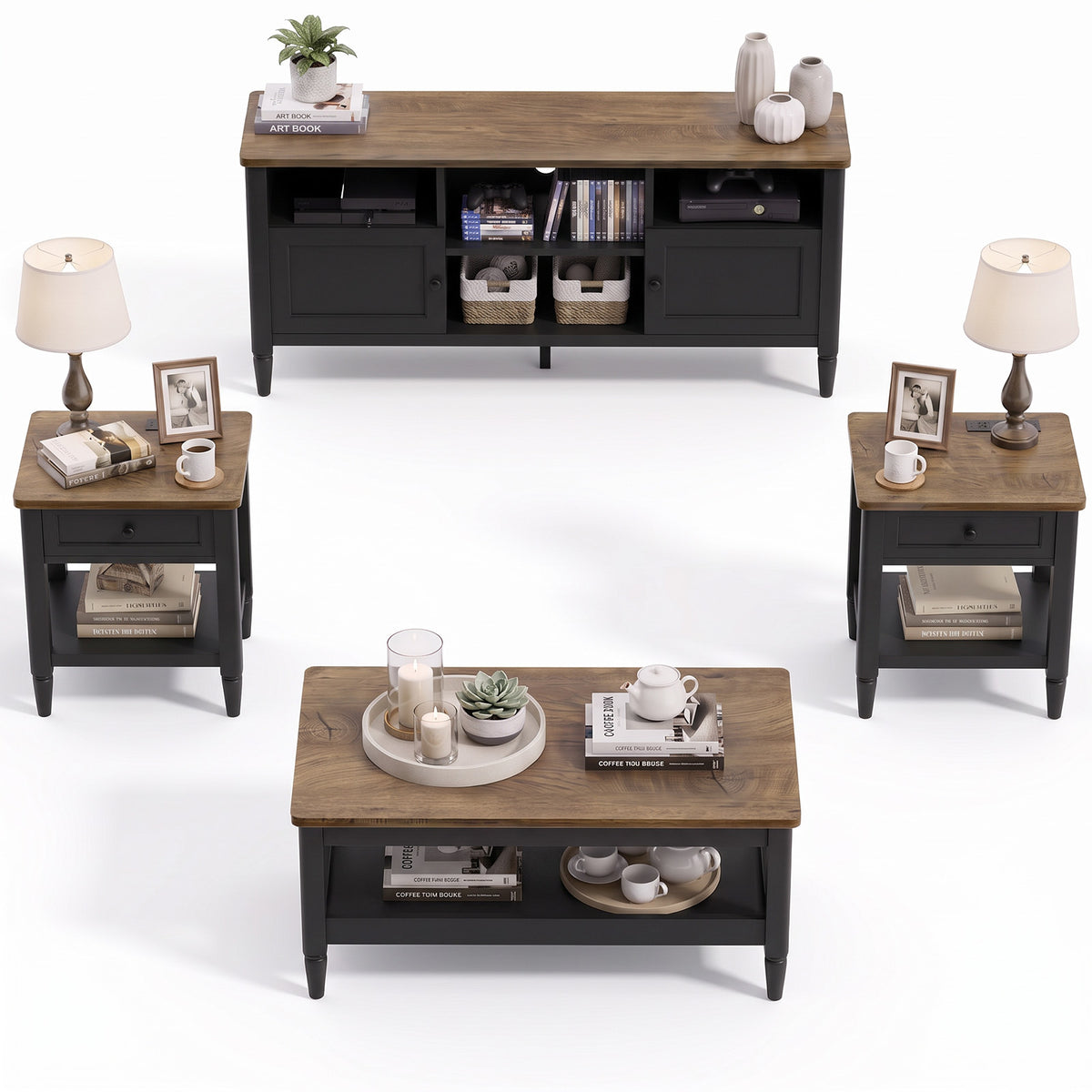 4 Piece Farmhouse Living Room Furniture Set, 55" TV Stand for TVs Up to 65", 40" Coffee Table & 2 Narrow Side Tables with Charging Stations, Living Room Table Set