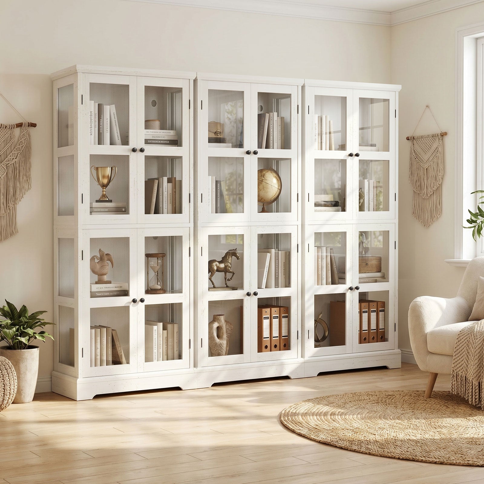 68"LED Bookcase with Glass Doors,Glass Door Bookcase Display Cabinet,Rustic White Bookshelf with Storage Shelves for Books,Collectibles, Decor,Curio Display Bookcase for Living Room,Anti-Tip Furniture