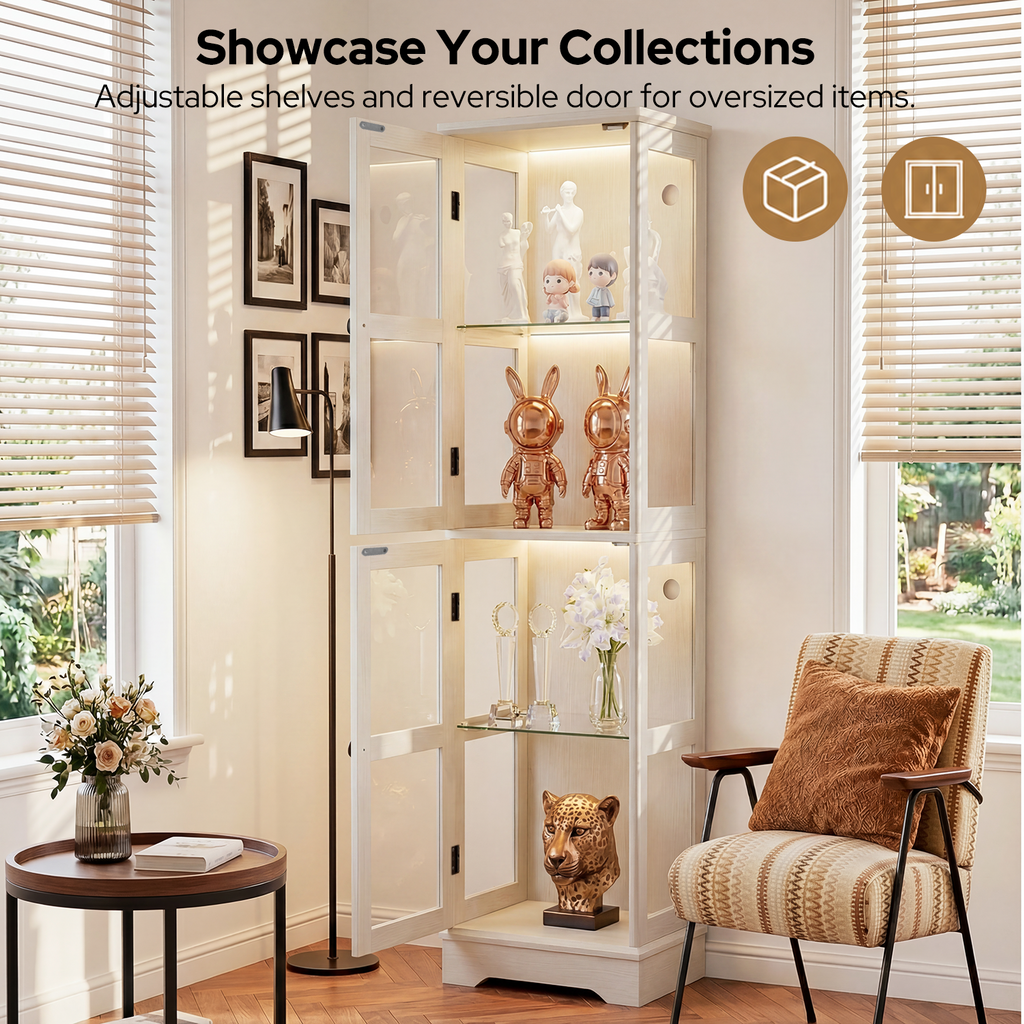 68.3" Tall Storage Cabinet with Glass Doors, Narrow Freestanding Floor Cabinet with Adjustable Shelves, RGB Lights & Reversible Door, Display Organizer for Living Room, Kitchen