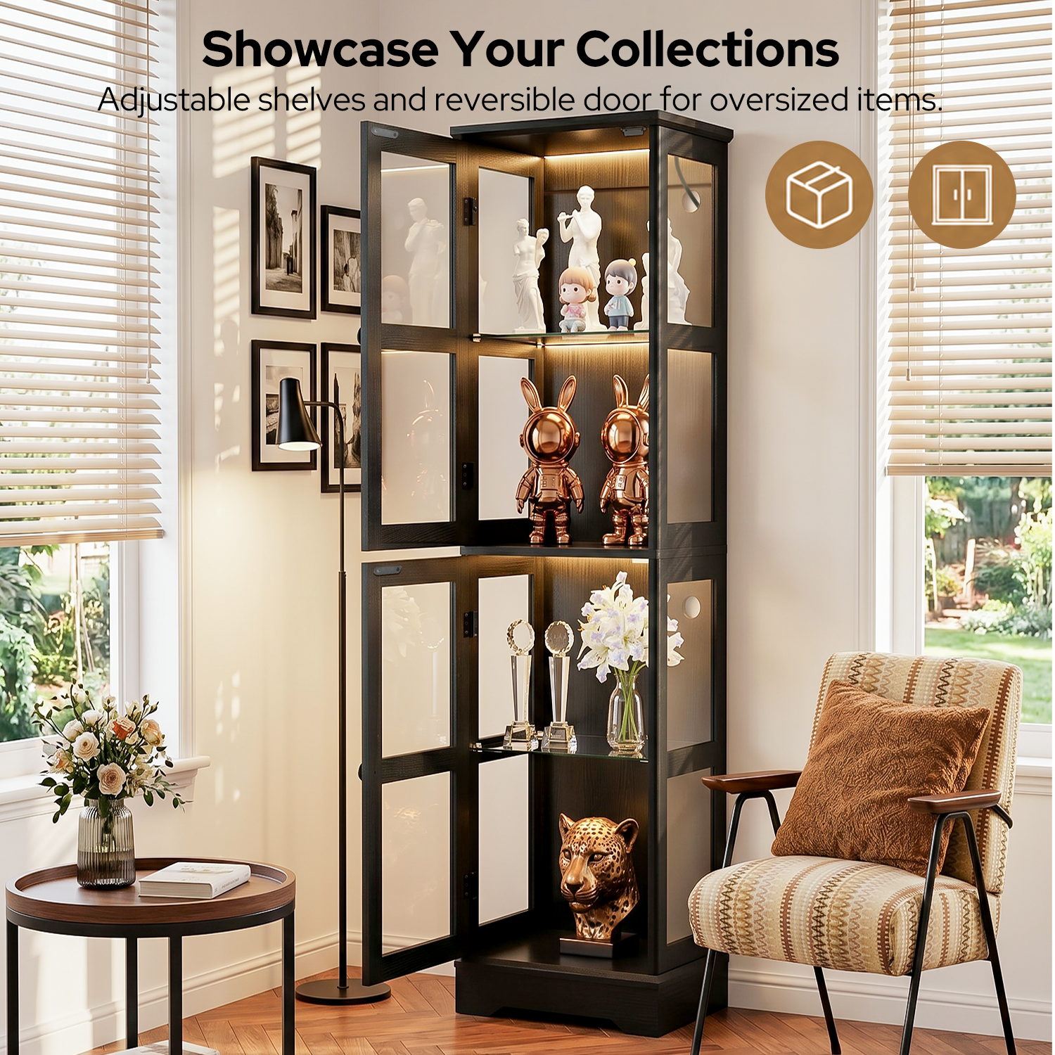 68" Glass Display Cabinet with RGB LED Lights, Narrow Tall Curio Cabinet with Reversible Glass Door