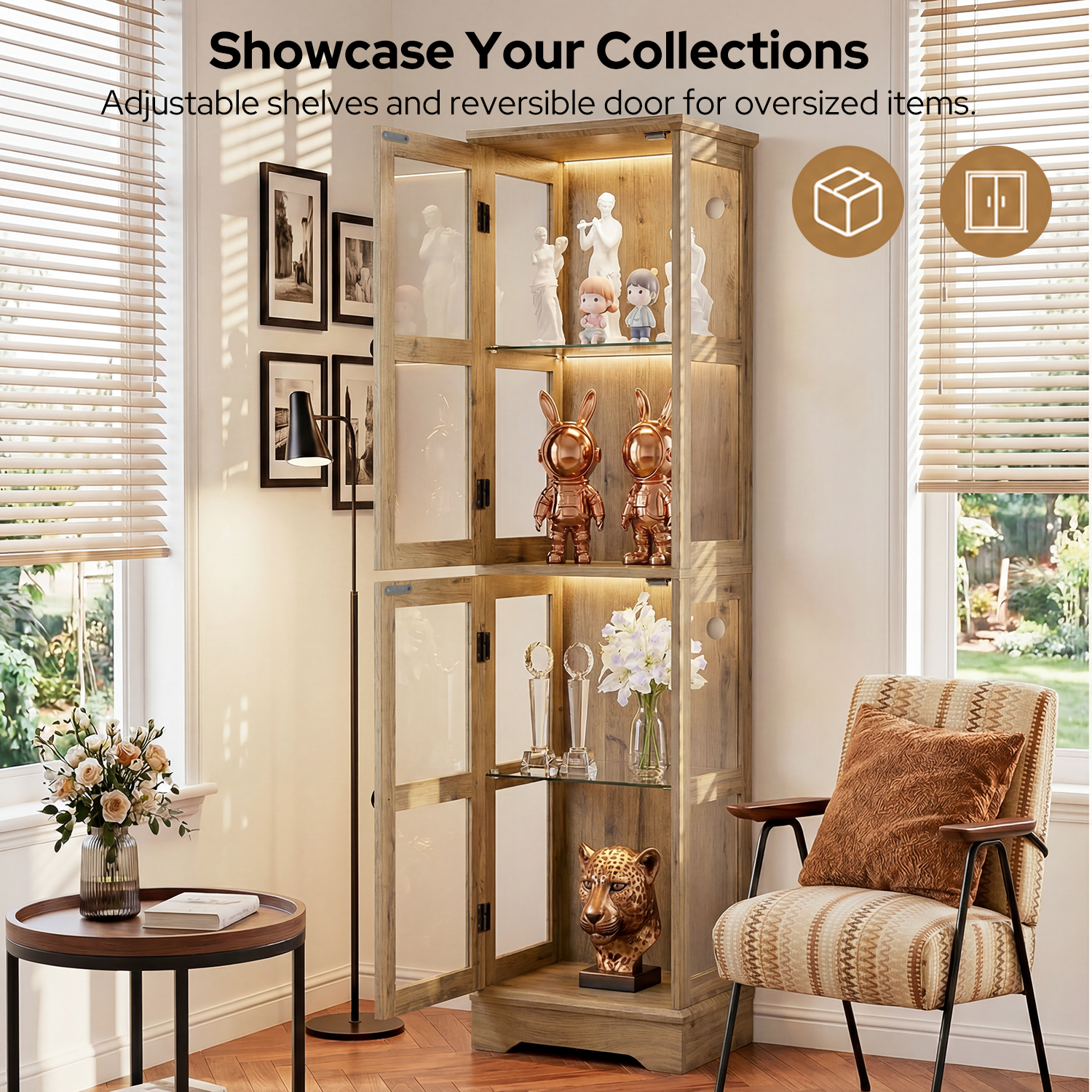 68" Glass Display Cabinet with RGB LED Lights, Narrow Tall Curio Cabinet with Reversible Glass Door