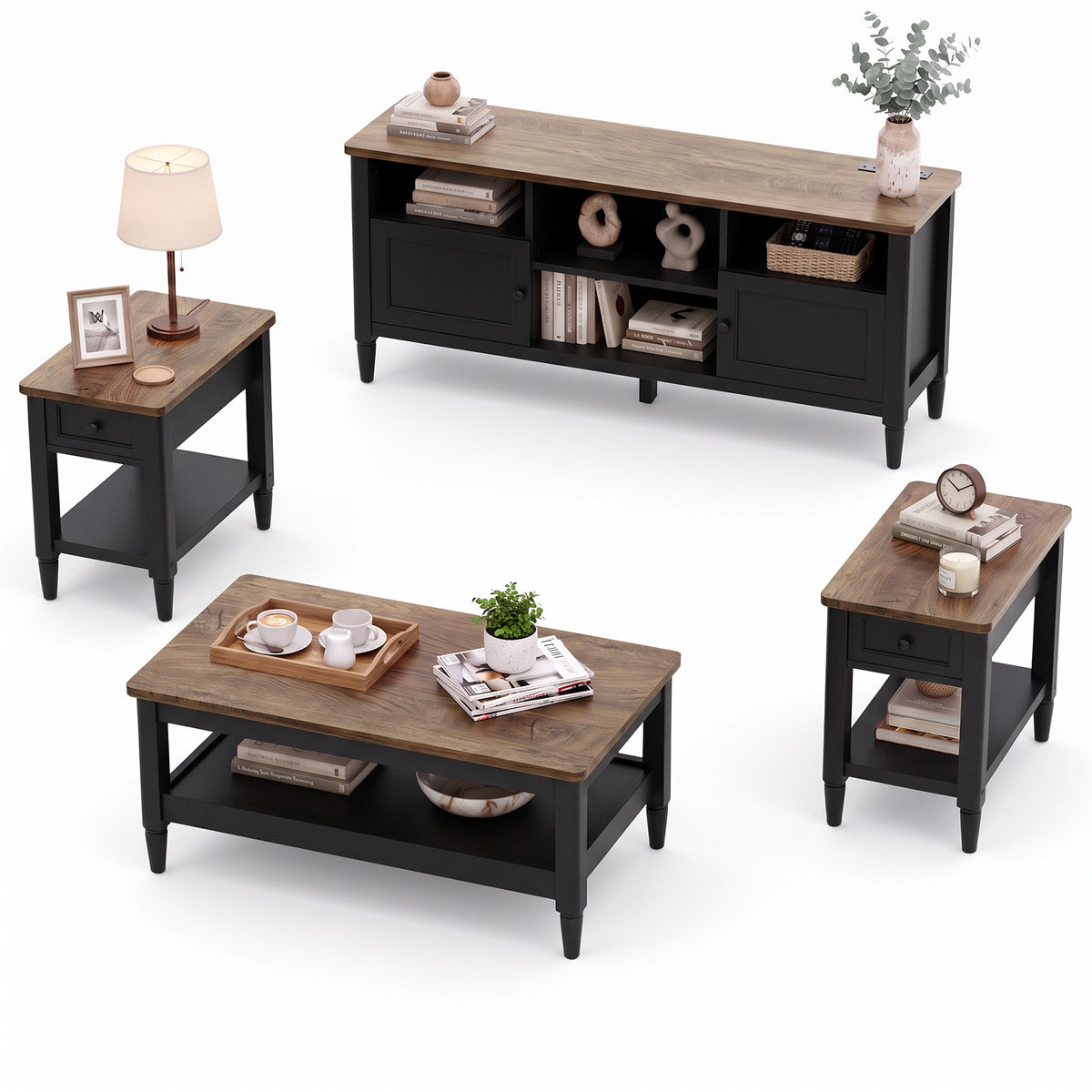 4 Piece Farmhouse Living Room Furniture Set, 55" TV Stand for TVs Up to 65", 40" Coffee Table & 2 Narrow Side Tables with Charging Stations, Living Room Table Set