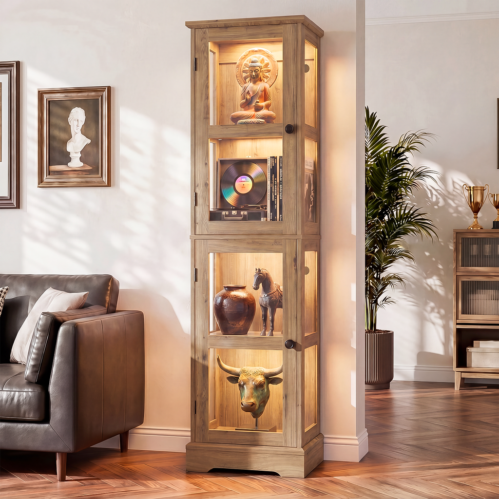 68" Glass Display Cabinet with RGB LED Lights, Narrow Tall Curio Cabinet with Reversible Glass Door