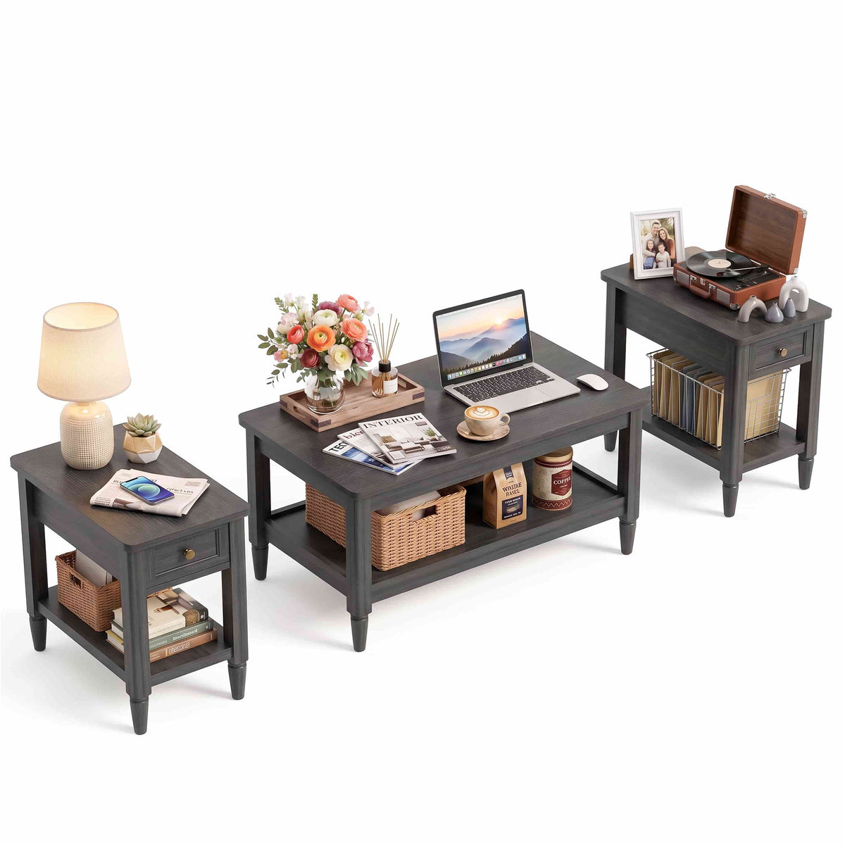 Farmhouse Coffee Table and End Table Set of 3, 40" Coffee Table with Storage & 2 End Tables with Charging Station, Living Room Table Set