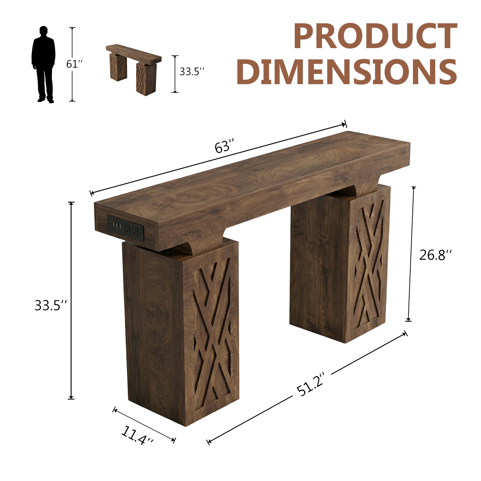 63-Inch Console Table with RGB LED Lights & Charging Station | Farmhouse Entryway Table with Geometric Base, Solid Wood-Grain Sofa Table Behind Couch, Accent Table for Hallway, Cracked Oak