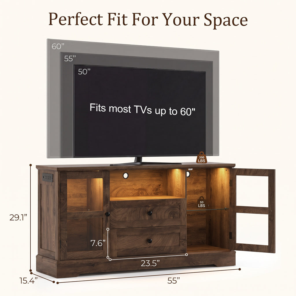 55 Inch TV Stand for TVs up to 60", Entertainment Center with 2 Large Storage Drawers & RGB Lights, Wood Media Console Table with Hidden Power Outlets and Tempered Glass Doors, Cracked Oak