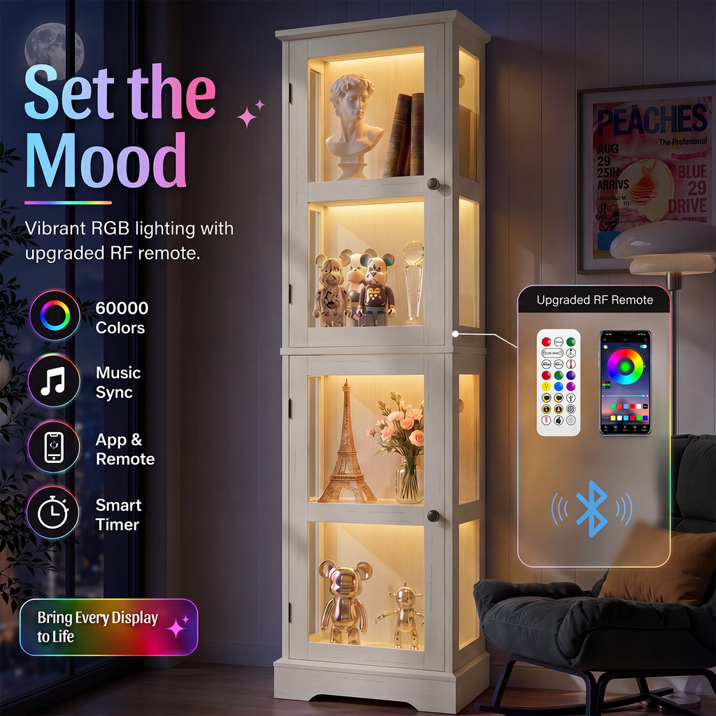 68" Glass Display Cabinet with RGB LED Lights, Narrow Tall Curio Cabinet with Reversible Glass Door