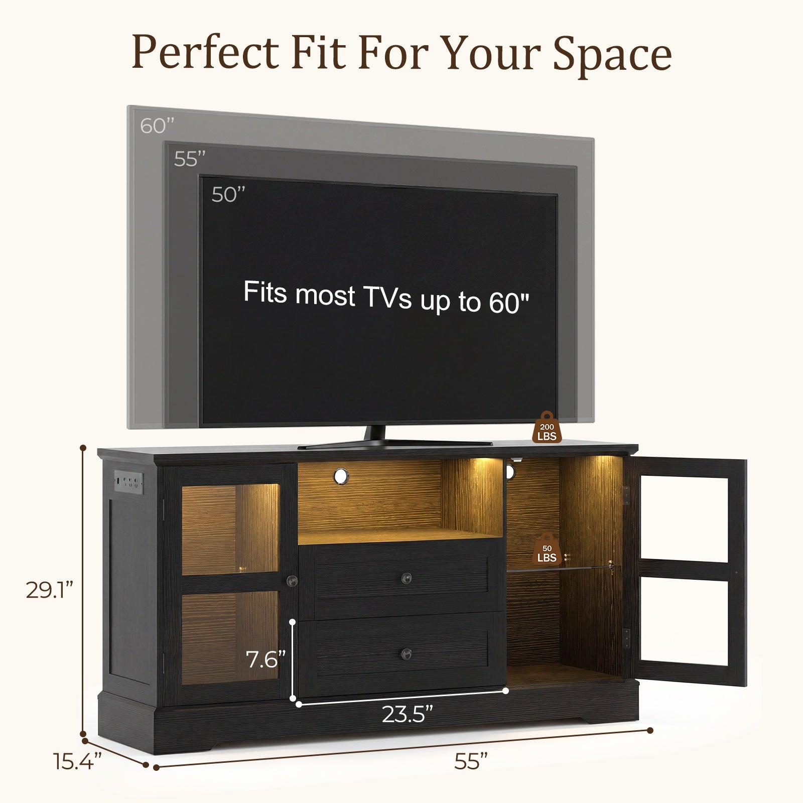 55 Inch TV Stand for TVs up to 60", Entertainment Center with 2 Large Storage Drawers & RGB Lights, Wood Media Console Table with Hidden Power Outlets and Tempered Glass Doors,Black