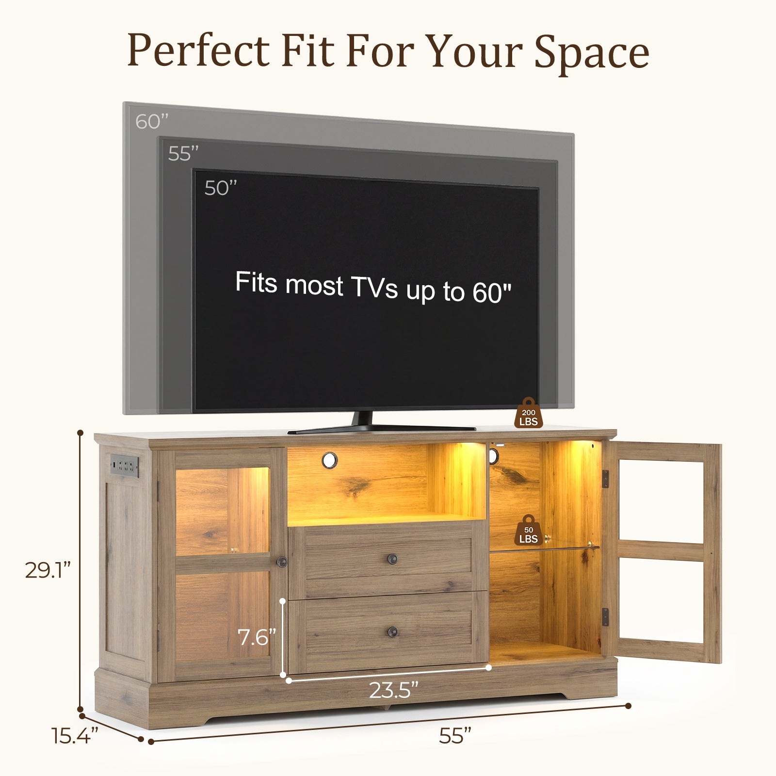 55 Inch Buffet Cabinet with Power Outlets, Coffee Bar with 2 Drawers, RGB LED Lights, Tempered Glass Doors & Adjustable Shelves, Modern Farmhouse Sideboard Storage Cabinet