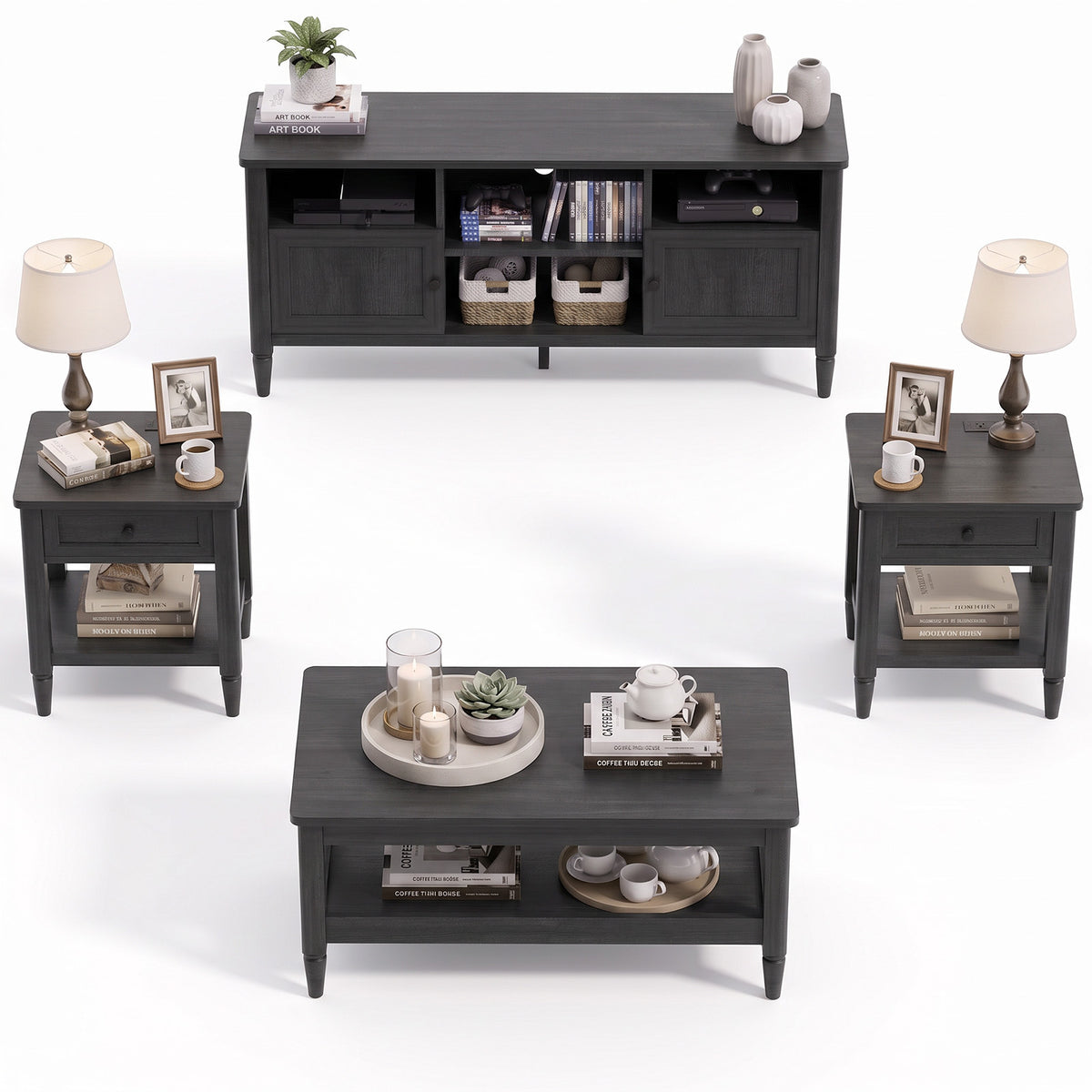 4 Piece Farmhouse Living Room Furniture Set, 55" TV Stand for TVs Up to 65", 40" Coffee Table & 2 Narrow Side Tables with Charging Stations, Living Room Table Set