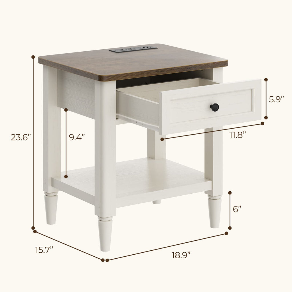 Farmhouse Nightstand with Charging Station, End Table with 2 AC Outlets & 3 USB Ports, Bedside & Sofa Side Power Hub, 19"x16"x24" Small Side Table with Drawer & Storage Shelf, 75lbs Capacity