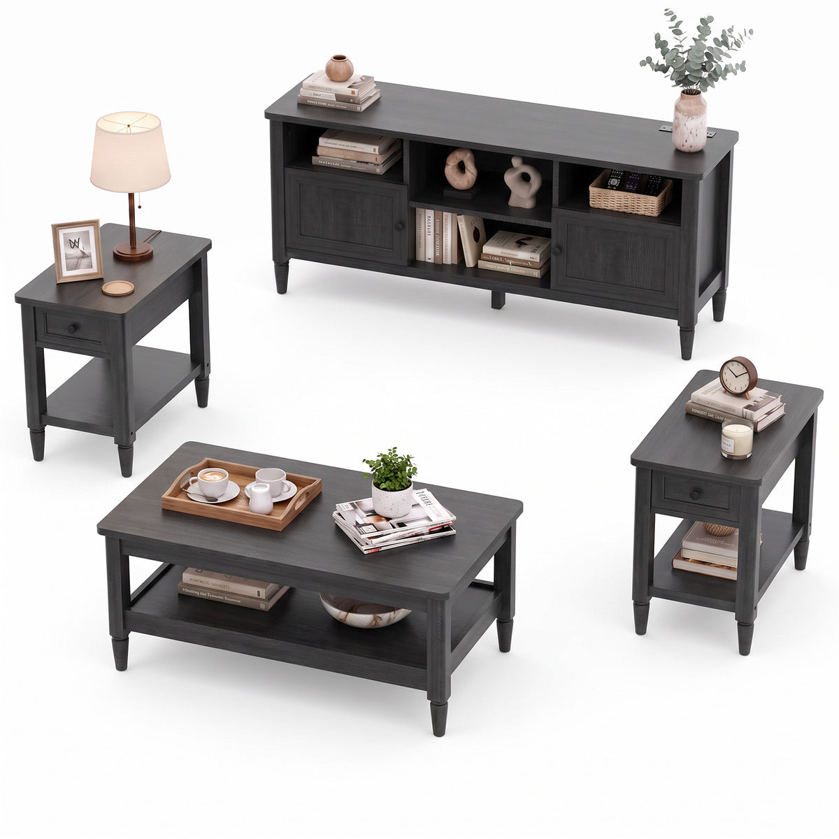 4 Piece Farmhouse Living Room Furniture Set, 55" TV Stand for TVs Up to 65", 40" Coffee Table & 2 Narrow Side Tables with Charging Stations, Living Room Table Set