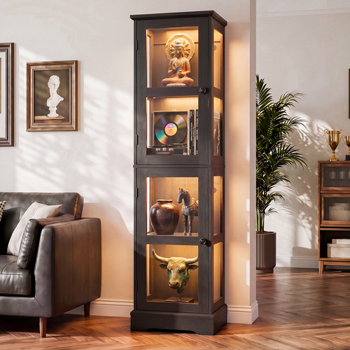 68" Glass Display Cabinet with RGB LED Lights, Narrow Tall Curio Cabinet with Reversible Glass Door