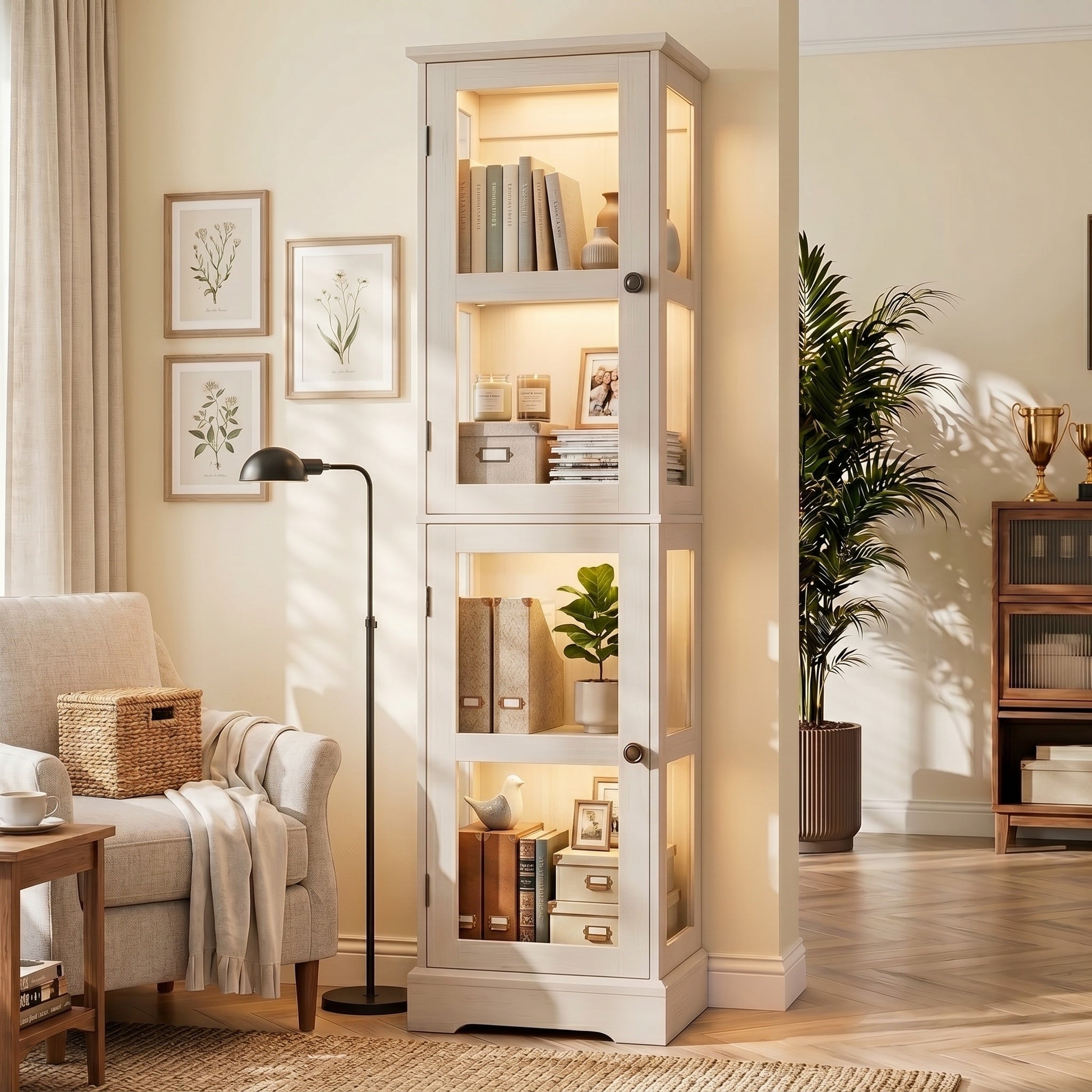 68.3" Tall Storage Cabinet with Glass Doors, Narrow Freestanding Floor Cabinet with Adjustable Shelves, RGB Lights & Reversible Door, Display Organizer for Living Room, Kitchen