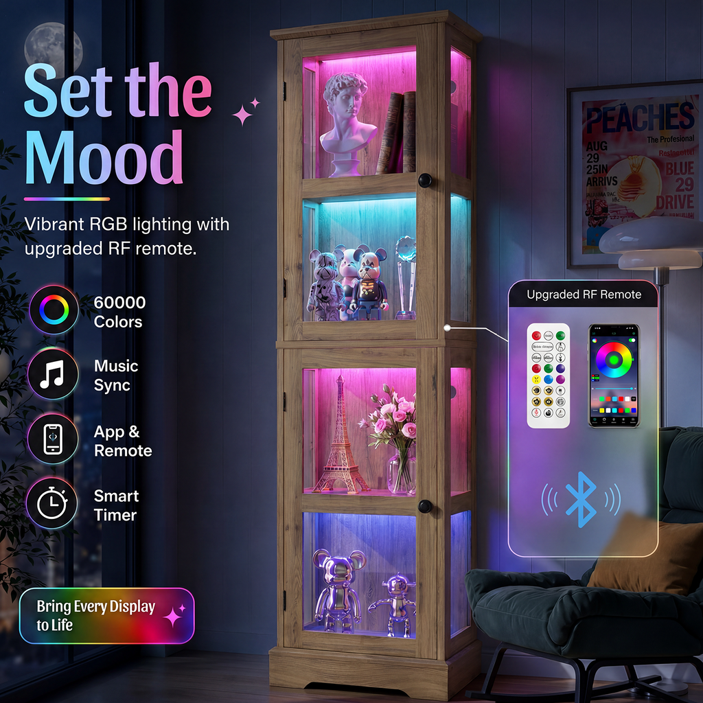68.31" Tall 4-Tier Glass Display Cabinet with RGB LED Lights, Narrow Tall Curio Cabinet with Reversible Glass Door & Adjustable Shelves, Wood Display Case for Collectibles Living Room