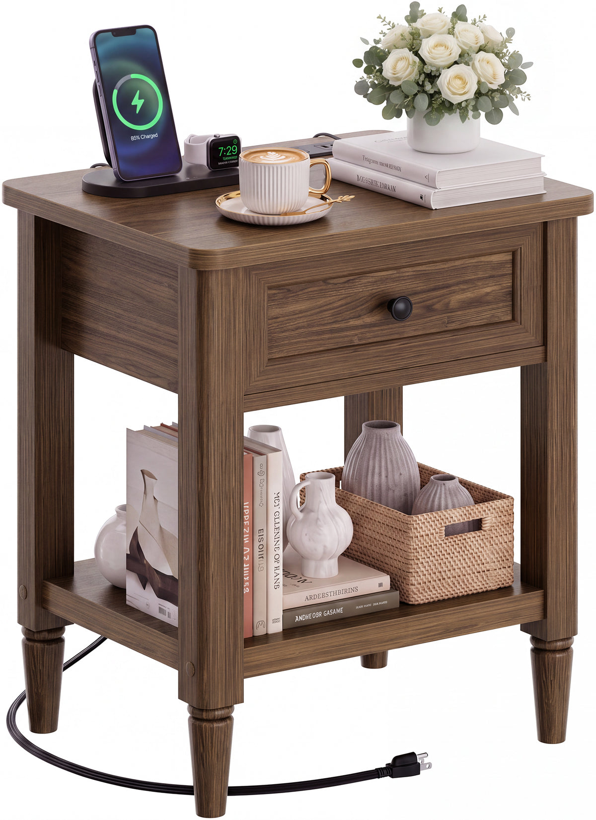 Farmhouse Nightstand with Charging Station, End Table with 2 AC Outlets & 3 USB Ports, Bedside & Sofa Side Power Hub, 19"x16"x24" Small Side Table with Drawer & Storage Shelf, 75lbs Capacity