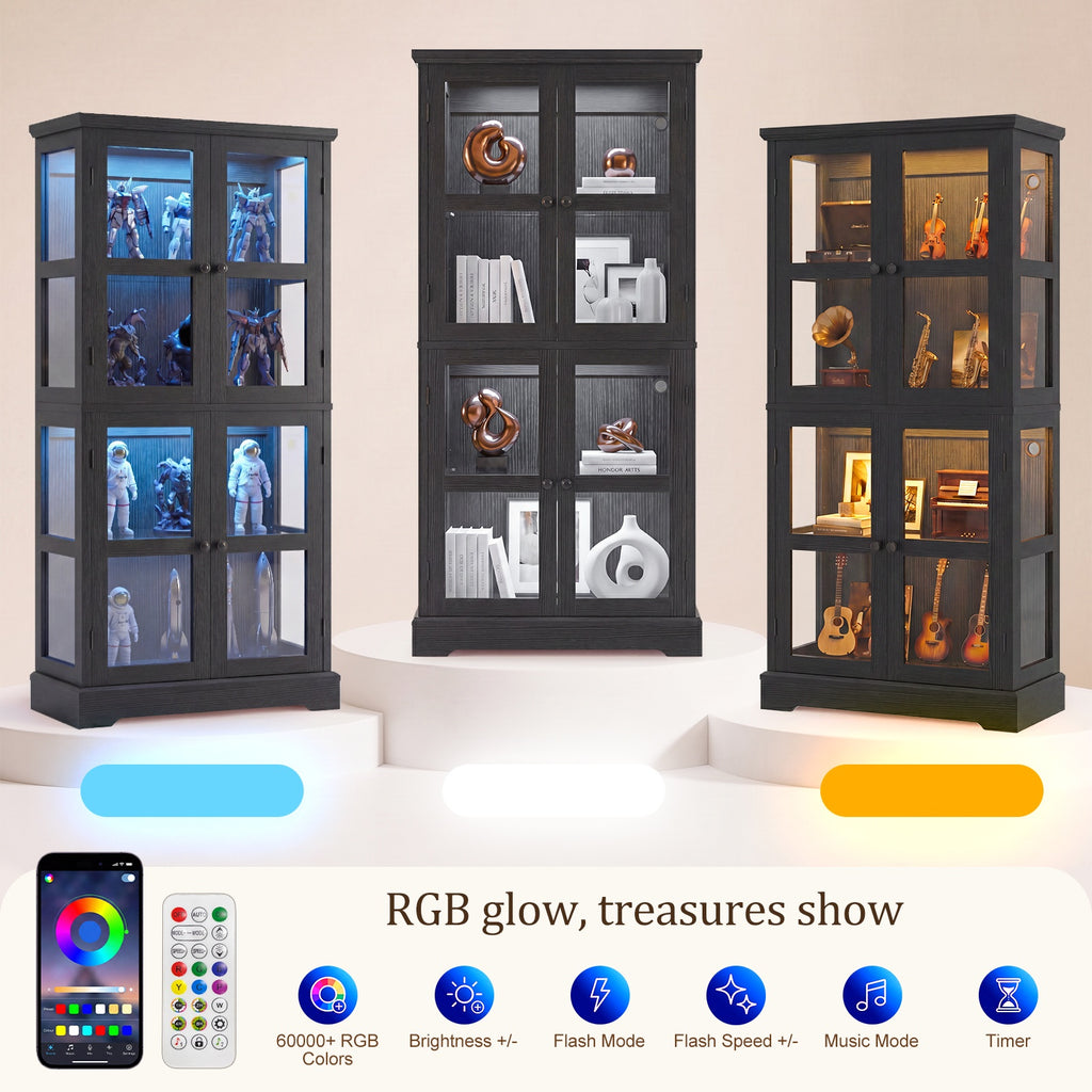 68" Tall Glass Display Cabinet with Doors, RGB Lights | 4-Tier Shelves, Sturdy Curio Cabinet with Adjustable Shelves Display Case for Collectibles, Figures, Books