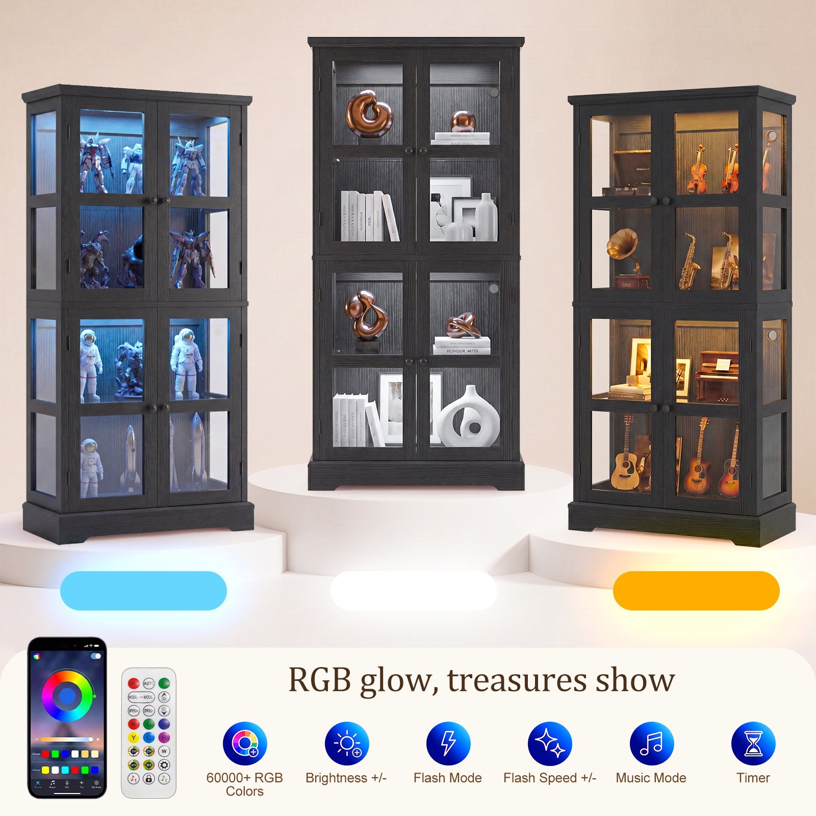 68" Tall Glass Display Cabinet with Doors, RGB Lights | 4-Tier Shelves, Sturdy Curio Cabinet with Adjustable Shelves Display Case for Collectibles, Figures, Books