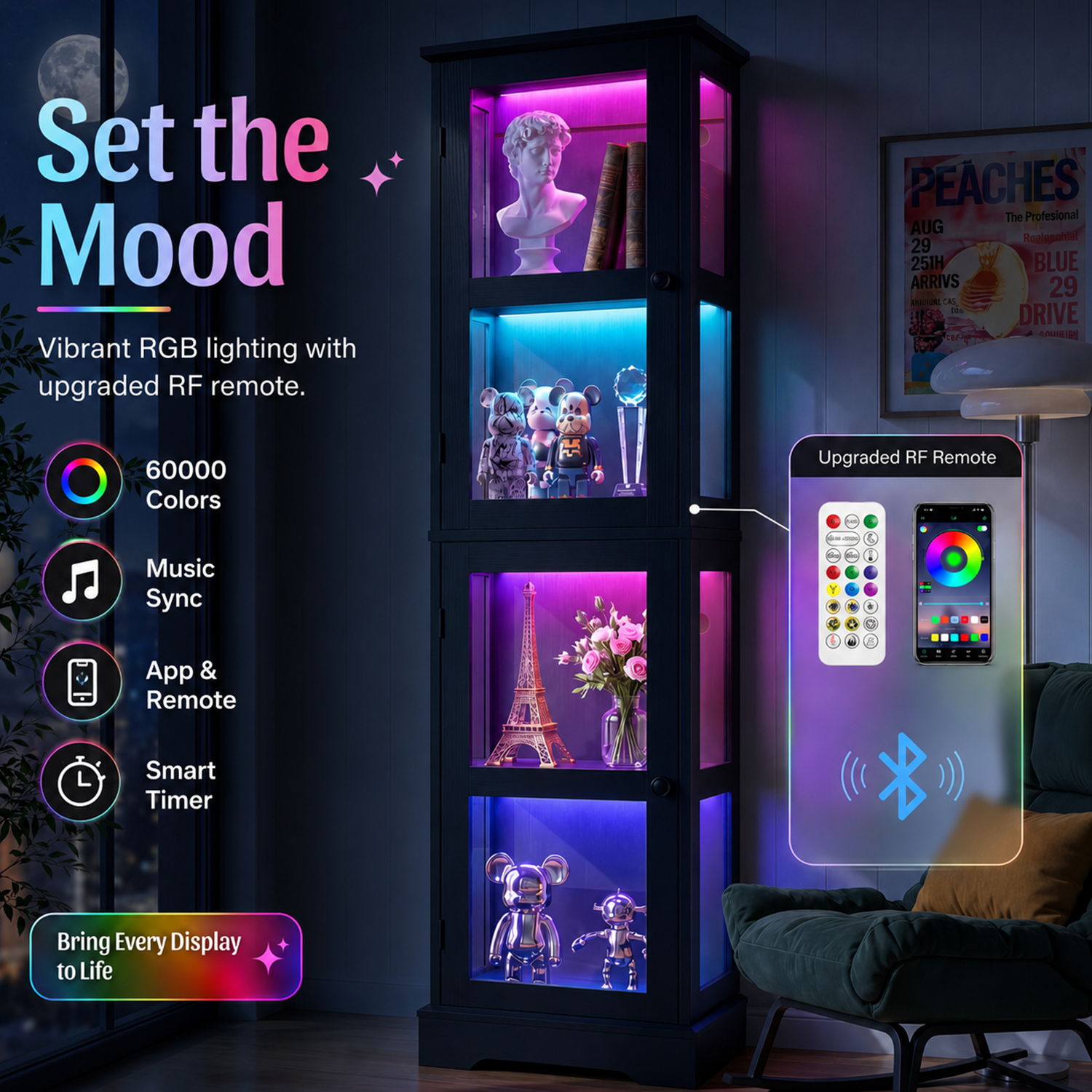 68.31" Tall 4-Tier Glass Display Cabinet with RGB LED Lights, Narrow Tall Curio Cabinet with Reversible Glass Door & Adjustable Shelves, Wood Display Case for Collectibles Living Room