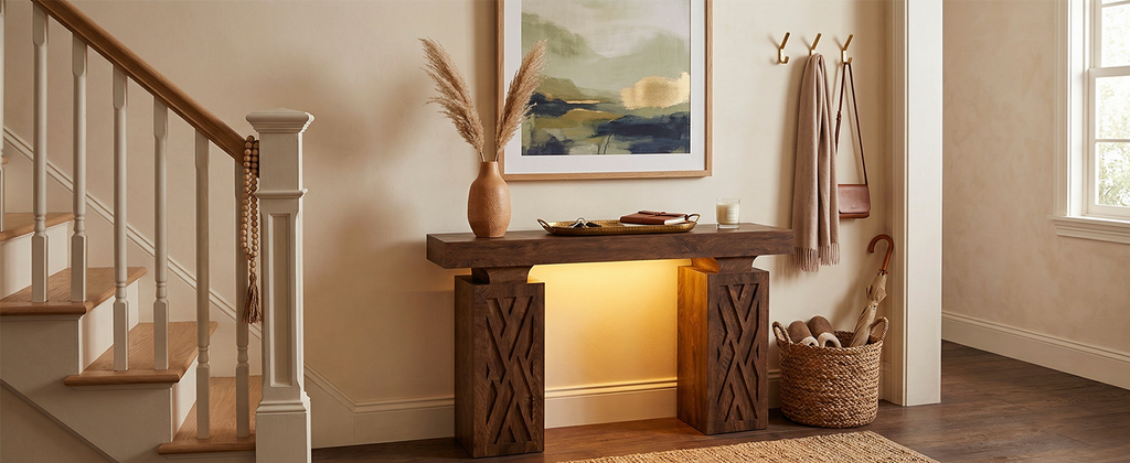 63-Inch Console Table with RGB LED Lights & Charging Station | Farmhouse Entryway Table with Geometric Base, Solid Wood-Grain Sofa Table Behind Couch, Accent Table for Hallway, Cracked Oak