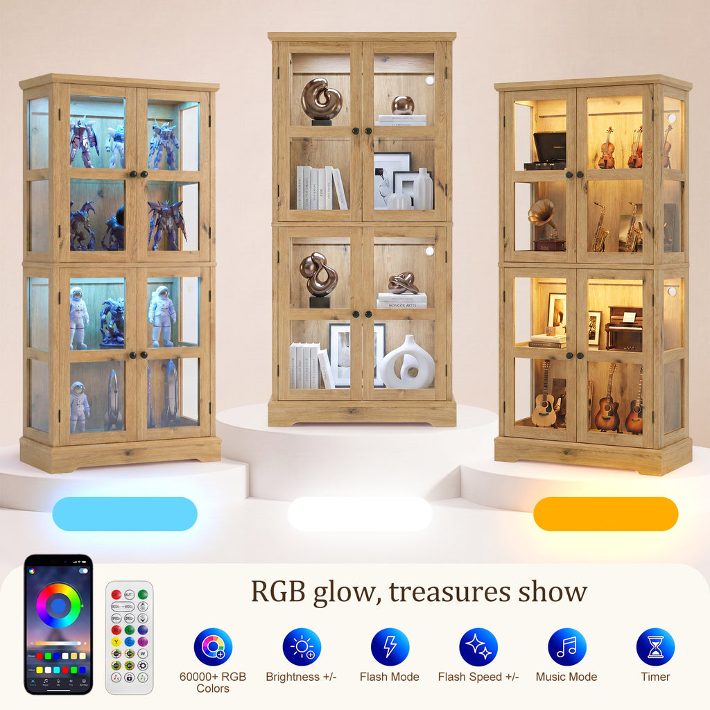 68" Tall Glass Display Cabinet with Doors, RGB Lights | 4-Tier Shelves, Sturdy Curio Cabinet with Adjustable Shelves Display Case for Collectibles, Figures, Books