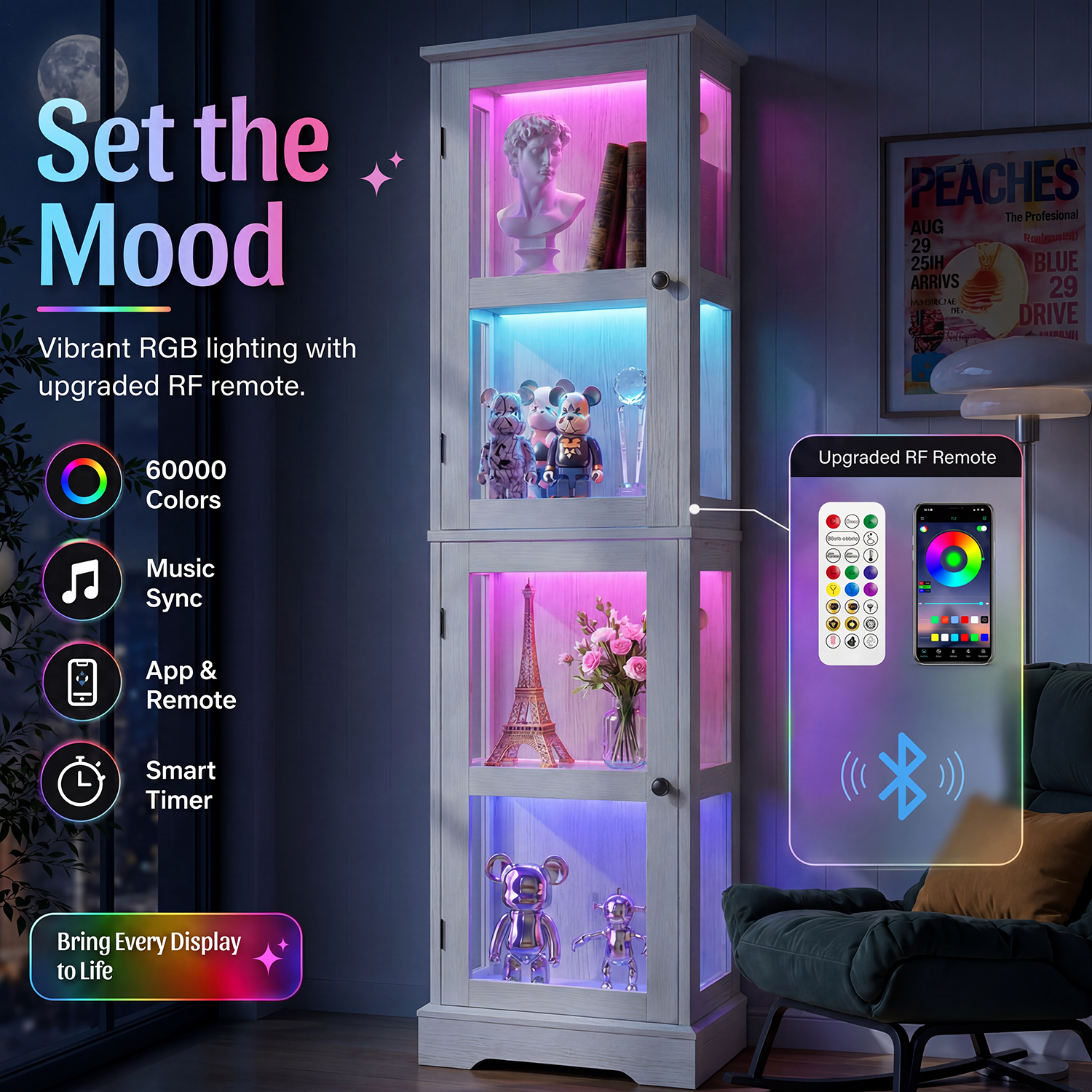 68.31" Tall 4-Tier Glass Display Cabinet with RGB LED Lights, Narrow Tall Curio Cabinet with Reversible Glass Door & Adjustable Shelves, Wood Display Case for Collectibles Living Room