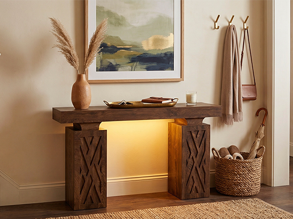 63-Inch Console Table with RGB LED Lights & Charging Station | Farmhouse Entryway Table with Geometric Base, Solid Wood-Grain Sofa Table Behind Couch, Accent Table for Hallway, Cracked Oak