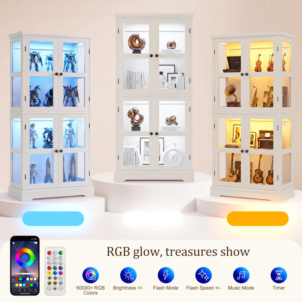 68" Tall Glass Display Cabinet with Doors, RGB Lights | 4-Tier Shelves, Sturdy Curio Cabinet with Adjustable Shelves Display Case for Collectibles, Figures, Books