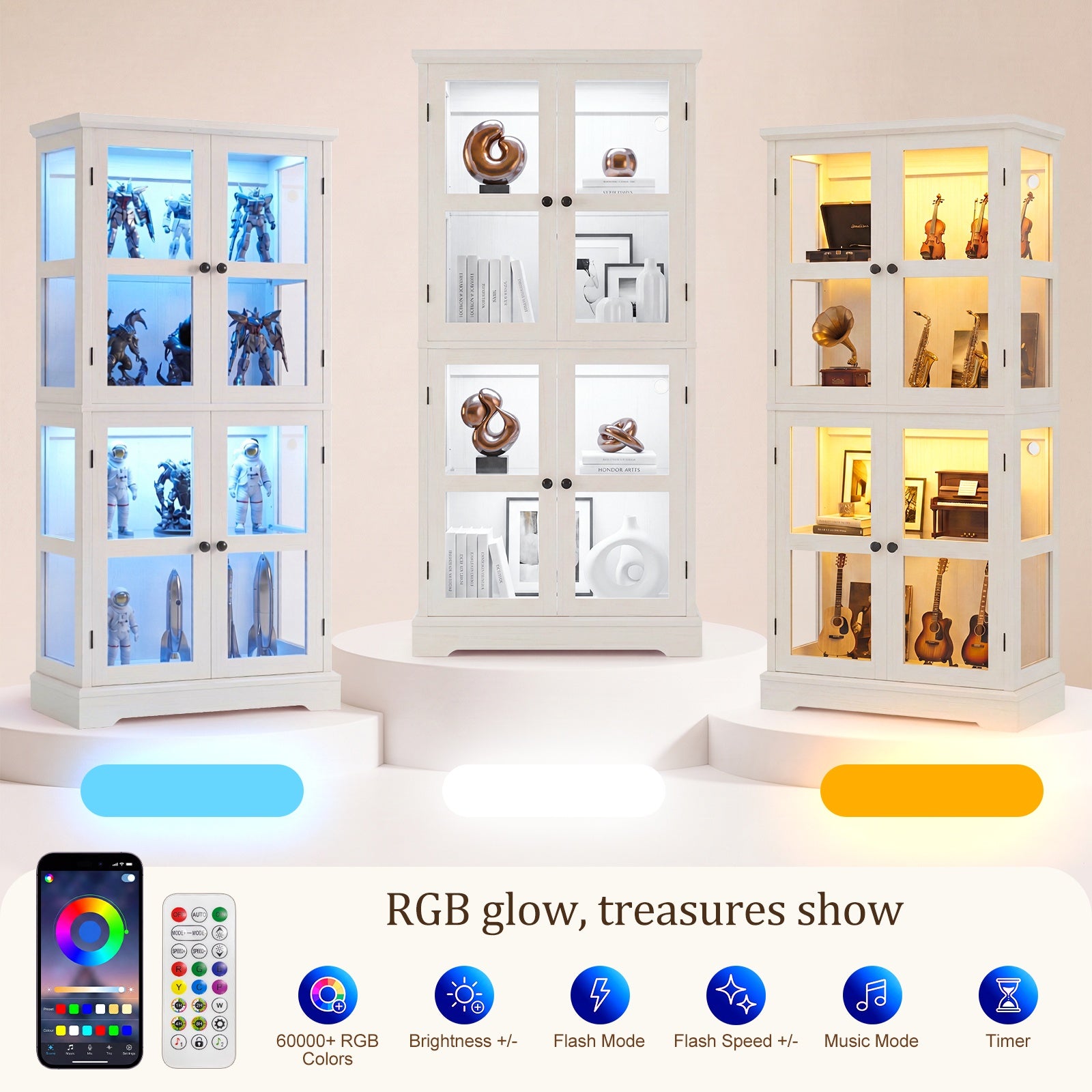 68" Tall Glass Display Cabinet with Doors, RGB Lights | 4-Tier Shelves, Sturdy Curio Cabinet with Adjustable Shelves Display Case for Collectibles, Figures, Books