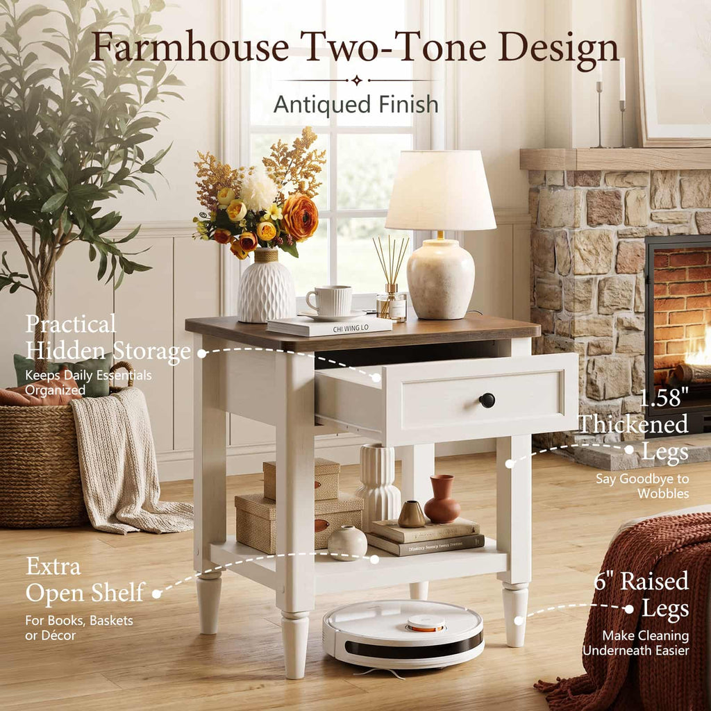 Farmhouse Nightstand with Charging Station, End Table with 2 AC Outlets & 3 USB Ports, Bedside & Sofa Side Power Hub, 19"x16"x24" Small Side Table with Drawer & Storage Shelf, 75lbs Capacity