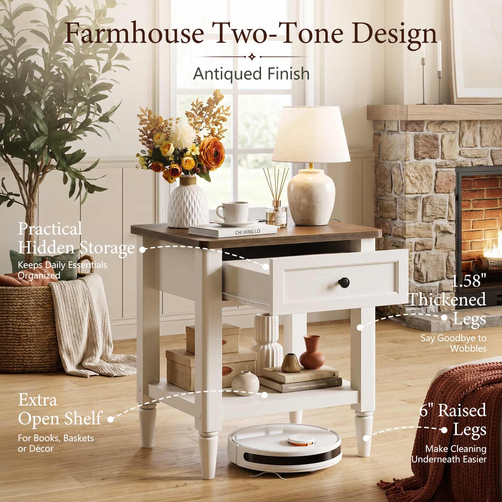 Farmhouse Nightstand with Charging Station, End Table with 2 AC Outlets & 3 USB Ports, Bedside & Sofa Side Power Hub, 19"x16"x24" Small Side Table with Drawer & Storage Shelf, 75lbs Capacity
