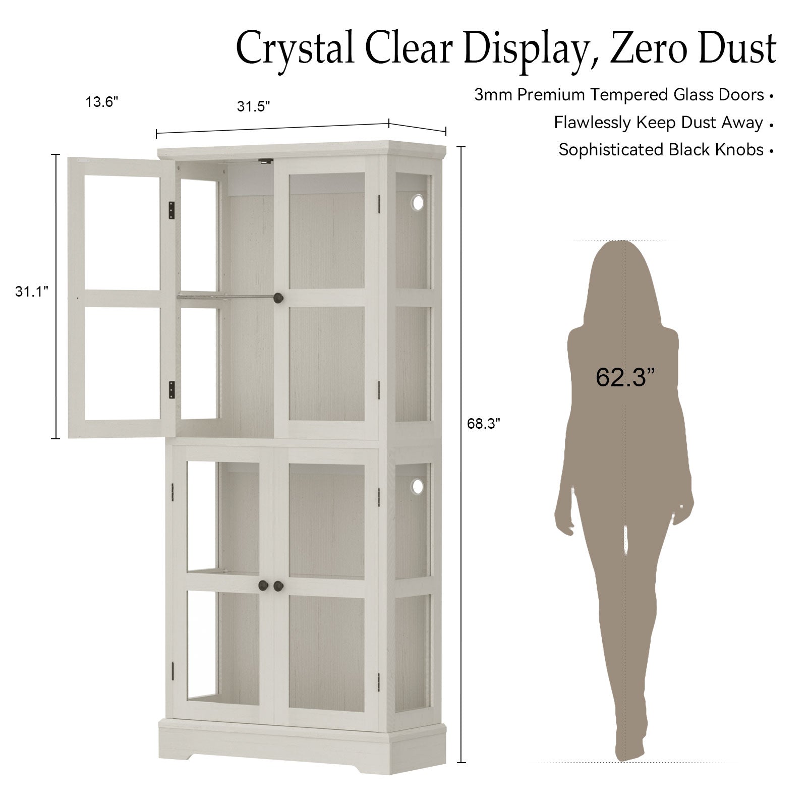 68"LED Bookcase with Glass Doors,Glass Door Bookcase Display Cabinet,Rustic White Bookshelf with Storage Shelves for Books,Collectibles, Decor,Curio Display Bookcase for Living Room,Anti-Tip Furniture