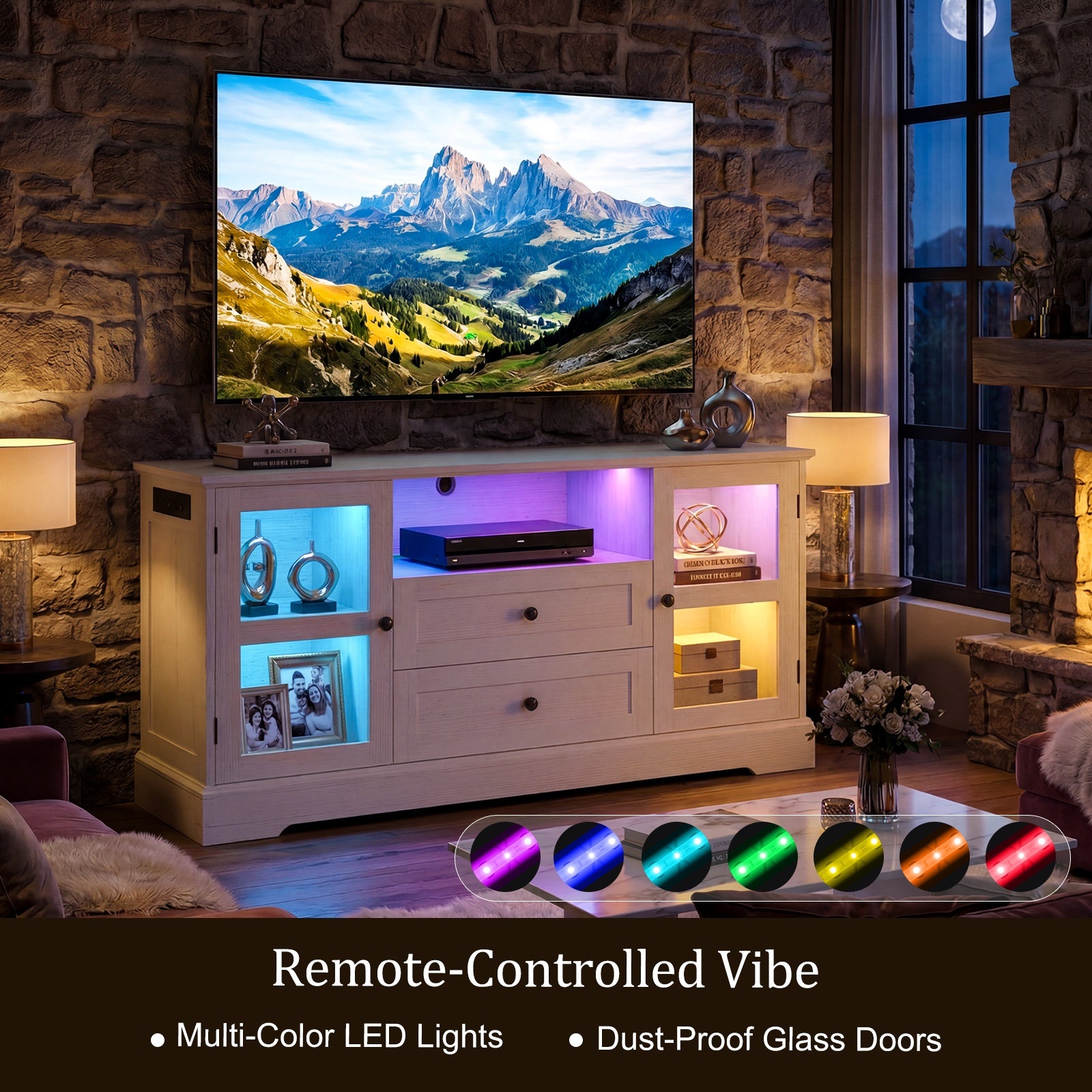 55 Inch TV Stand for TVs up to 60", Entertainment Center with 2 Large Storage Drawers & RGB Lights, Wood Media Console Table with Hidden Power Outlets and Tempered Glass Doors,Black