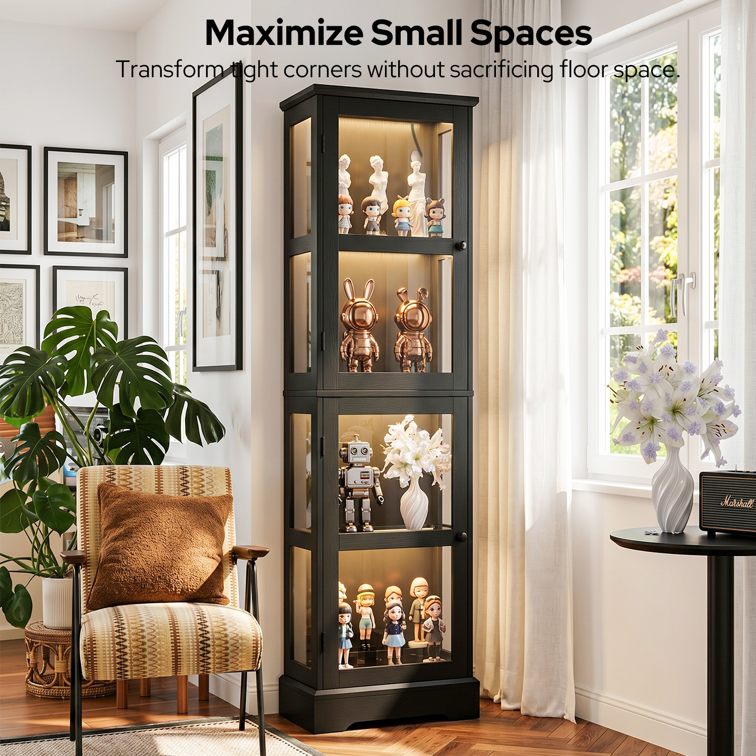 68.3" Tall Storage Cabinet with Glass Doors, Narrow Freestanding Floor Cabinet with Adjustable Shelves, RGB Lights & Reversible Door, Display Organizer for Living Room, Kitchen